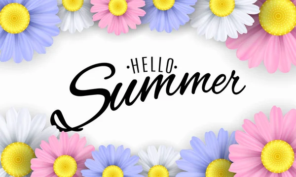 Hello Summer Seasonal Banner Multicolored Flowers White Background Calligraphic Black — Stock Vector