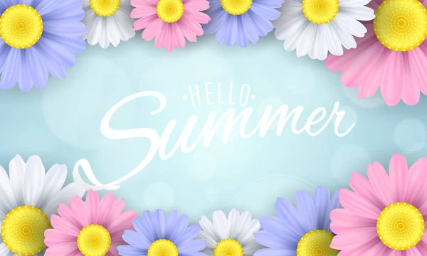 Hello Summer Seasonal Banner Multicolored Flowers Light Blue Background Glare — Stock Vector