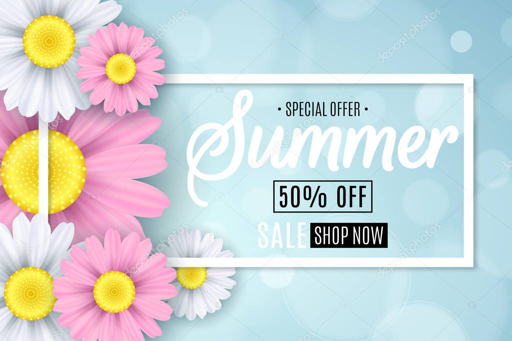 Summer sale. Seasonal banner. Multicolored flowers on a light blue background. Glare bokeh. Calligraphic text. Vector illustration. EPS 10