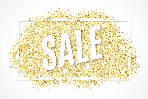 Altın afiş metin altın pırıltılar satışı için bir çerçeve ile. Altın spot beyaz arka plan üzerinde izole. Projeniz için arka plan. Vektör çizim. EPS 10