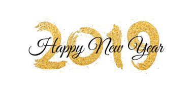 Mutlu yeni yıl 2019. Beyaz bir arka plan üzerinde siyah metin ile altın pırıltılar sayıda. Altın kum, pırıltılar. Grunge tarzı fırça. Vektör çizim. EPS 10