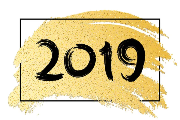 Feliz Año Nuevo 2019 Banner Lujo Purpurina Dorada Mano Dibujada — Vector de stock