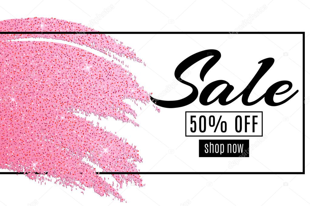 Luxury fashionable banner for sale. Black text in frame. Grunge line hand drawn. Pink glitters. Lipstick with sequins. Luxury web cover for your design. Vector illustration. EPS 10