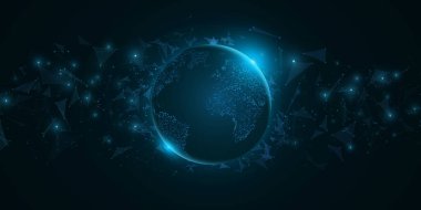 Koyu mavi arka planda üçgen elementleri olan gelecekçi gezegen Dünya. Mavi ışıklı noktaların dünya haritası. Yüksek teknoloji tasarımı. Üç boyutlu soyut küre. Vektör çizimi. EPS 10.