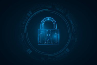 Kullanıcı arayüzündeki güvenlik fütüristik kilidi HUD elemanlarıyla. Bilgisayar sistemi verilerinin parola koruması. - Evet. Vektör çizimi. EPS 10.