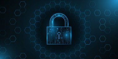 Bilgisayar devre kartından yapılmış fütüristik bir kilit. Korunan veriler. Arkaplanda bal peteği desenli parlayan siber asma kilit. Vektör çizimi. EPS 10.