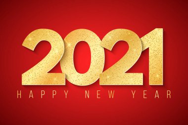 Mutlu yıllar 2021. Şenlikli arka plan ve kırmızı arka planda parıltılı altın 3D lüks numaralar. Tebrik kartı. Vektör çizimi. EPS 10.
