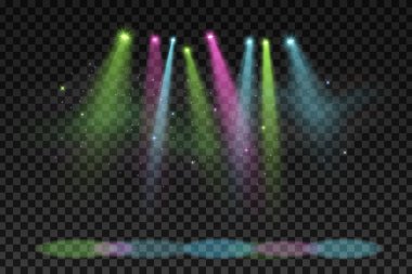 Karanlık şeffaf bir arkaplanda izole edilmiş bir parti için renkli spot ışıkları. Gösteri ve sahne için elementler. Şenlik arka planı. Gece diskosu. Vektör çizimi. EPS 10.