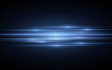 Mavi parlak neon çizgilerden oluşan yatay mavi ışık efekti. Parıldayan parçacıklarla gelecek tarayıcı etkisi. Projen için şık bir görüntü. Vektör İllüstrasyonu. EPS 10.