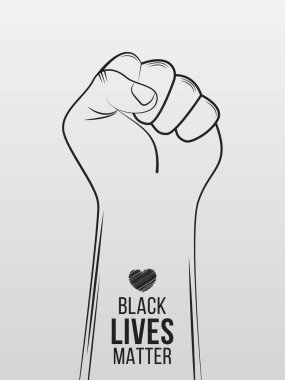 Siyahların Yaşamı Önemlidir protestosu ABD 'de. Siyahlara karşı şiddeti durdurun. Kalpli yumruk sembolü. Düz dizayn. El çizimi vektör çizimi. EPS 10