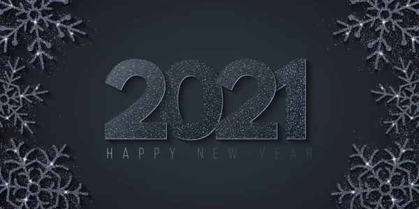 Gelukkig Nieuwjaar 2021 Nummers Een Achtergrond Met Zilveren Glinsterende Sneeuwvlokken — Stockvector