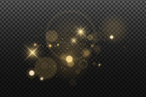 Абстрактні Золоті Вогні Боке Ізольовані Темному Прозорому Фоні Блискучі Зірки — стоковий вектор