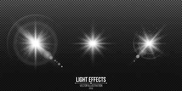 一套闪亮的星星 在黑色透明背景上隔离的光效果 白光和耀斑 Lens效应 抽象灯 防爆灯和发光粒子 矢量图解 Eps — 图库矢量图片