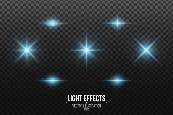 Conjunto Efeitos Luz Azul Isolado Fundo Escuro Transparente Estrelas Brilhantes — Vetor de Stock