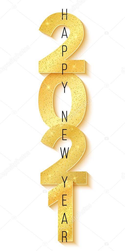 Happy new year 2021. 3D glittering golden numbers isolated on white background. Holiday poster. Greeting card. Vector illustration. EPS 10.