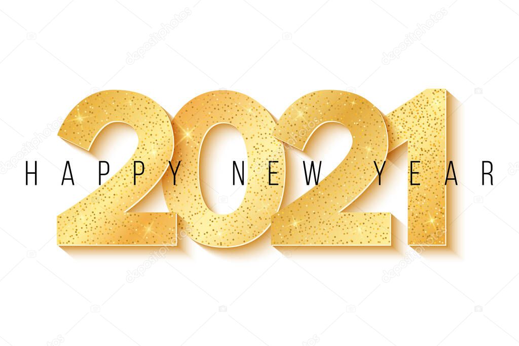 Happy New Year 2021. Festive background and golden 3d luxurious numbers with glitter isolated on white background. Greeting card. Vector illustration. EPS 10.