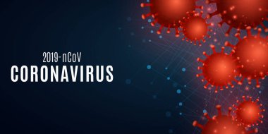 Mavi arka planda, Covid 19 için Plexus Science pankartıyla Coronavirus. 3D patojen organizma. Vektör çizimi. EPS 10.