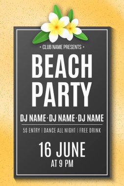 Yaz kumsal partisi. Davetiye kartı. Kumsalda tropik tesisat çiçeği. DJ ve kulüp adı. Şenlik posteri. Vektör çizimi. EPS 10