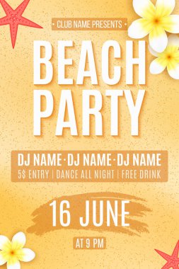 Yaz kumsal partisi. Davetiye ilanı. Kumsalda tropik su tesisatı çiçekleri ve deniz yıldızları. DJ ve kulüp adı. Vektör çizimi. EPS 10