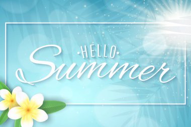 Yaz dönemi. Güneş ve ışıklar bokeh. Gerçekçi 3 boyutlu tropikal tesisat çiçekleri. Tasarımın için şık harfler. Palmiye yaprağı silueti. Vektör çizimi. EPS 10