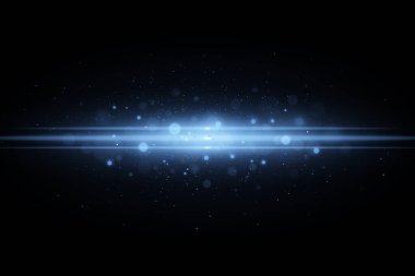 Mavi ışık. Işık efekti siyah bir arkaplanda izole edildi. Bakışlar bokeh. Parlak element. Uçan toz. Vektör çizimi. EPS 10