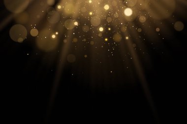 Siyah arka planda parıldayan altın ışık parıltısı. Işıltılı ışık ışınları. Vektör çizimi. EPS 10