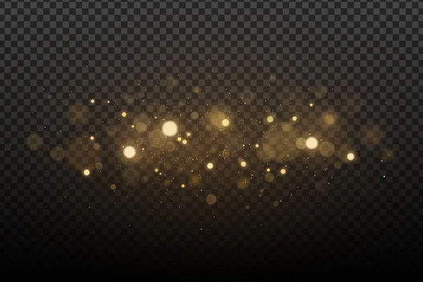 抽象的な透明背景に金色のグレアボケと魔法のスタイリッシュな光の効果 クリスマスの輝き 空飛ぶ塵を噴出する ベクトルイラスト Eps — ストックベクタ