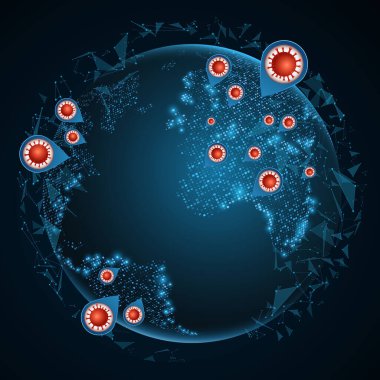 Dünya küresi, Coronavirus bakterisiyle fütüristik tarzda. Çin salgını. Tehlikeli hücresel enfeksiyon. Etkilenmiş noktalar. Tıbbi bir proje için soyut, parlayan, enfekte olmuş bir gezegen. Vektör illüstrasyonu.