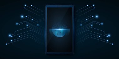 Parmak izi tarayıcısı olan modern bir akıllı telefon. Biyometrik veriler ve parlak bilgisayar devre kartı. Cihazını hacklemekten veri güvenliği. Vektör çizimi. EPS 10
