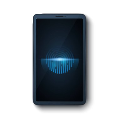 Beyaz arka planda izole edilmiş parmak izi tarayıcısı olan modern akıllı telefon. Biyometrik tarayıcı. Ekrana dokun. Cihazını hacklemekten veri güvenliği. Vektör çizimi. EPS 10