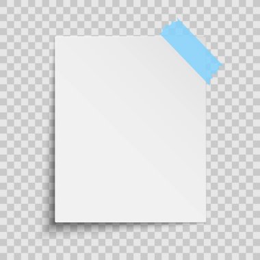 Şeffaf bir arkaplanda izole edilmiş gerçekçi beyaz kağıt. Mavi koli bandı. Tasarımınız veya notlarınız için bir element. Vektör çizimi. EPS 10