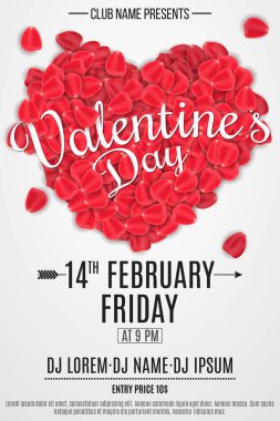 Sevgililer günü partisi için poster. Yazılı gül yapraklarının kalbi. Romantik tatil. DJ ve kulüp adı. Kulüp için tasarım. Vektör çizimi. ESP 10