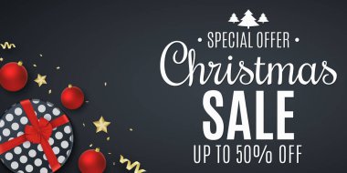 Noel indirimi için poster. Kırmızı fiyonklu bir hediye kutusu. Altın yıldızlı ve yılanlı toplar. Şık harfler. Mevsimlik tatil alışverişi. Vektör çizimi. EPS 10.