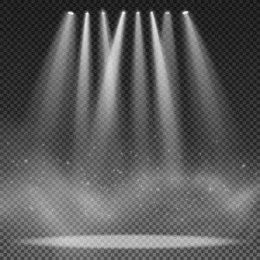 Işıklar şeffaf arkaplanda izole edilmiş. Göstermelik projektör. Işık etkisi. Parlayan parçacıkların dumanı. Vektör çizimi. EPS 10