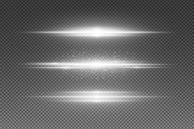 Şeffaf arkaplanda soyut beyaz ışık efekti seti izole edildi. Uçan parlak parçacıklar. Rastgele neon hatları. Vektör çizimi. EPS 10