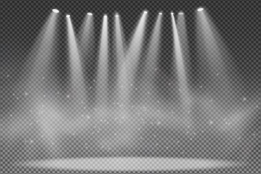 Işıklar şeffaf arkaplanda izole edilmiş. Podyum için projektör. Disko için hafif bir efekt. Parlayan parçacıkların dumanı. Büyük gösteri. Vektör çizimi. EPS 10