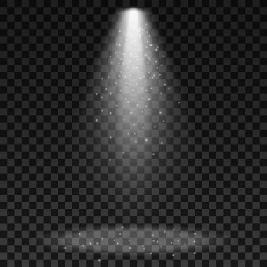 Spot ışığı koyu şeffaf bir arkaplanda izole edilmiş. Ödül yeri. Parlayan tozla ışık efekti. Moda gösterisi podyumda. Vektör çizimi. EPS 10