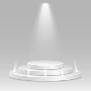 Ödül yeri. Gri arka planda üç boyutlu boş beyaz podyum. Parlak spot ışıkları. Vektör çizimi. EPS 10