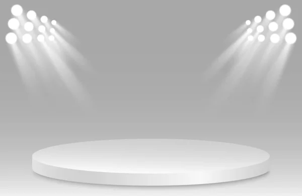 空基座与聚光灯 在灰色背景上孤立的3D空白色讲台 矢量图解 Eps — 图库矢量图片