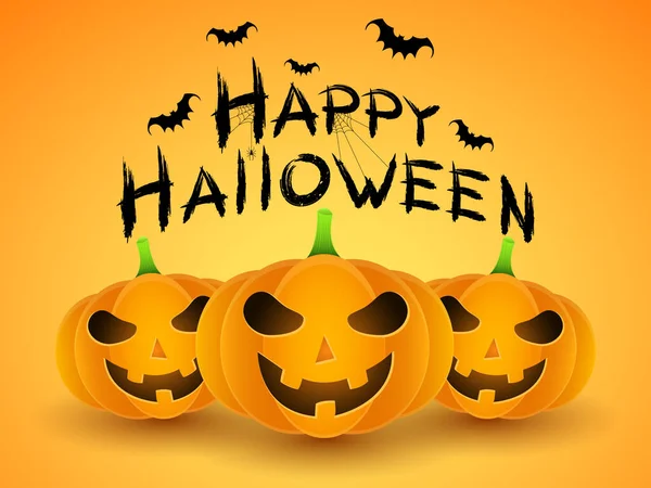 Background for Halloween. Smiling angry cartoon pumpkins on a orange background. Horrible grunge calligraphy with bats and spiders. Vector illustration. EPS 10 — Stock Illustration Background Halloween Smiling Angry Cartoon Pumpkins Orange Background Horrible Grunge Royalty Free Stock Illustrations