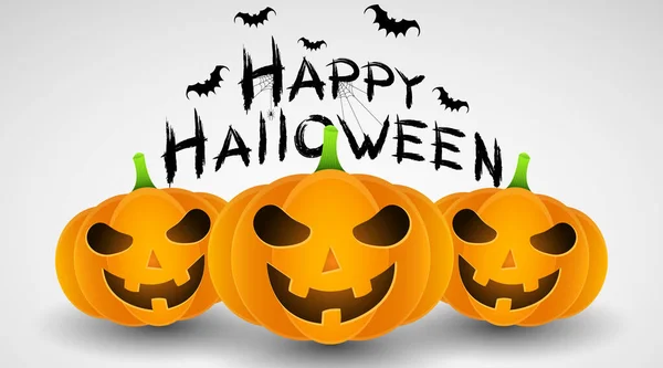 Cover for Happy Halloween. Smiling angry cartoon pumpkins on a white background. Grunge calligraphy with bats and spiders. Vector illustration. EPS 10 — Stock Illustration Cover Happy Halloween Smiling Angry Cartoon Pumpkins White Background Grunge Royalty Free Stock Illustrations