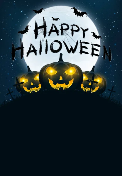 Template for Happy Halloween. Grunge calligraphy with bats and spiders. Pumpkins in the night cemetery. Full moon in the starry sky. Vector illustration. EPS 10 — Stock Illustration Template Happy Halloween Grunge Calligraphy Bats Spiders Pumpkins Night Cemetery Royalty Free Stock Vectors