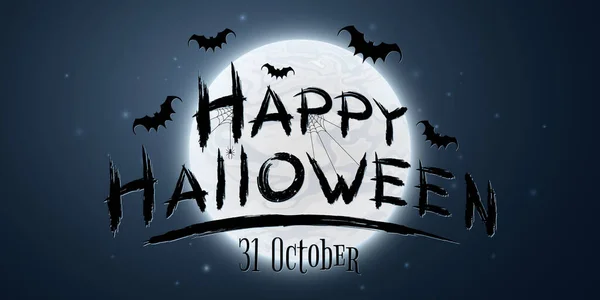 Festive text banner for Happy Halloween on the background of the full moon. Horrible grunge calligraphy with bats and spiders. Vector illustration. EPS 10 — Stock Illustration Festive Text Banner Happy Halloween Background Full Moon Horrible Grunge Royalty Free Stock Vectors