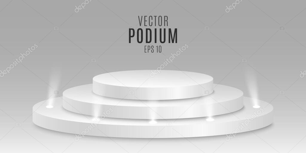 Prize place. Isolated 3D empty white podium on gray background. Small light bulbs. Vector illustration. EPS 10