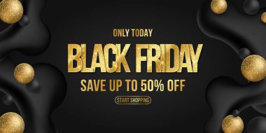 Kara Cuma indirimi için şık bir iş afişi. Ticari indirim etkinliği. Topları olan sıvı dinamik şekiller ve siyah arka planda altın gibi parlak yazılar. Vektör çizimi. EPS 10