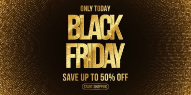 Kara Cuma indirimi için lüks poster. Zarif bir iş afişi. Ticari indirim etkinliği. Yarım tonlu altın renkli metin. Vektör çizimi. EPS 10