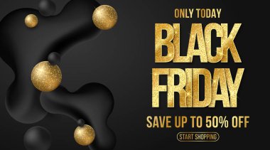 Kara Cuma bayrağı. Zarif bir iş afişi. Ticari indirim etkinliği. Sıvı dinamik şekiller ve siyah arkaplanda altın gibi parlak yazılar. Vektör çizimi. EPS 10