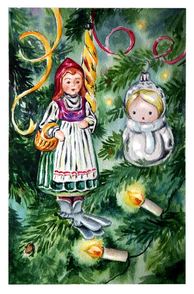 Рождественская открытка акварелью с рождественскими игрушками на ветках елки — стоковое фото