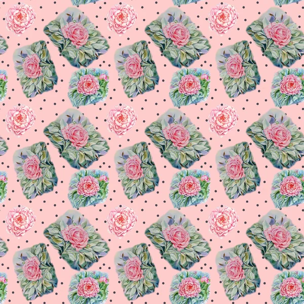 Seamless pattern on a colored background with roses and peonies — Stock Photo, Image