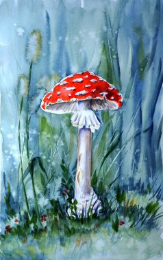 Çim çalılıkları arasında ormanda kırmızı sinek agaric suluboya boyama
